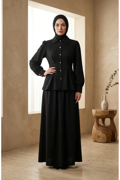 sefamerve Linen Buttoned Tunic Skirt Double Set 0277-01 Black