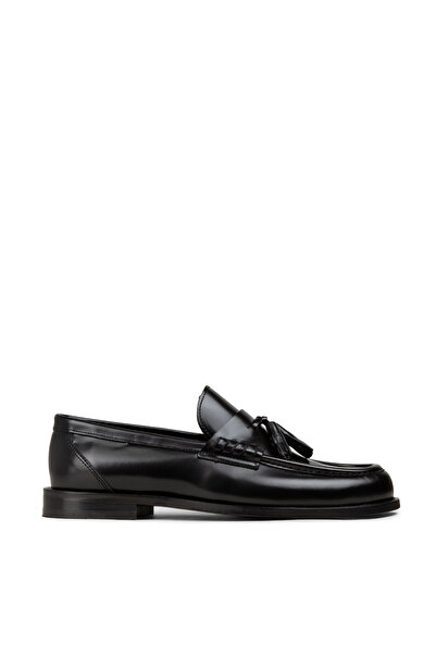 Deery Men's Black Genuine Leather Tasseled Loafers