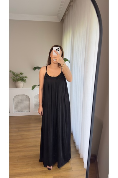 Butikrenginyılmaz Ip Askılı Piliseli Görünümlü Uzun Dökümlü Astarlı Maxi Elbise