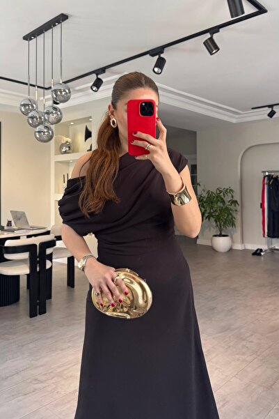 ELMASSTİL SONYA OMUZ BÜZGÜLÜ ASİMETRİK ELBİSE/6190