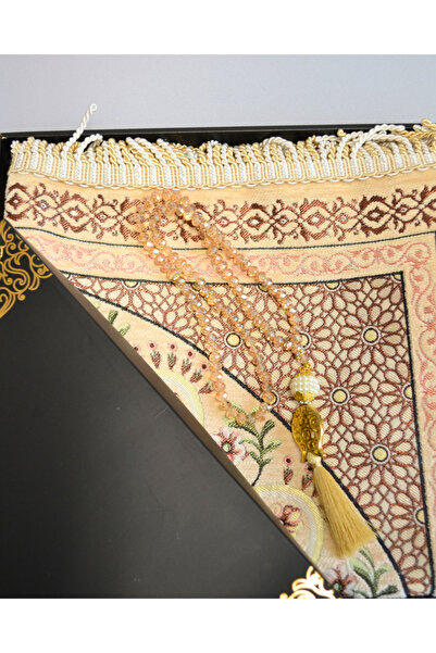 Bilenler Velvet Lined Prayer Rug and Crystal Prayer Beads Cream - Luxury Gift...