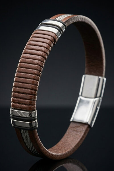 OSMANLI GÜMÜŞ Men's Leather Steel Bracelet Brown Steel Mesh Leather Magnetic ...