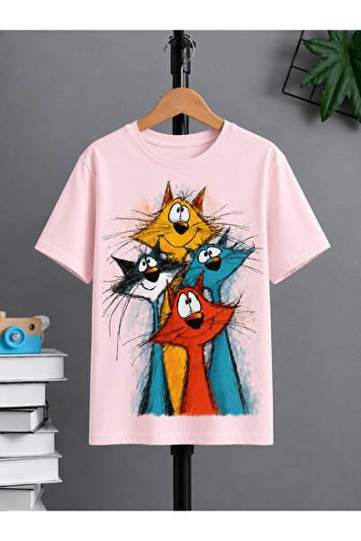 VODEXA Tricou oversize unisex cu imprimeu 4 CATS, 100% bumbac, croială confor...
