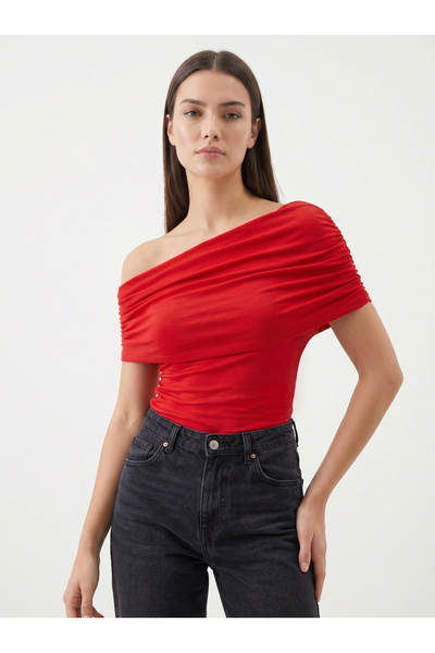 Sagre&Sisters Women's One-Shoulder Blouse – Draped Collar Detail, Stretchy Fa...