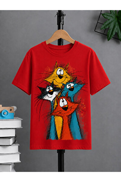 VODEXA Tricou oversize unisex cu imprimeu 4 CATS, 100% bumbac, croială confor...