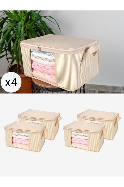 Empressco 4 Adet Küçük Boy Pencereli Krem Çizgili Baza Altı Dolap Içi Bavul Içi Düzenleyici Hurç 40x30x20 Cm - Fiyatı, Yorumları