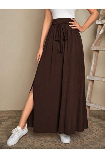 Generic Brand Women's High Waist Belted Long Sandy Skirt with Side Slits