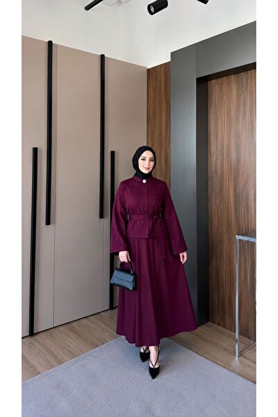 nurvina modest wear Set fustă din poplin cu imprimeu în piatră, roșu claret