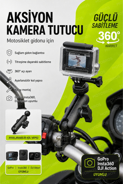 Motobros Motosiklet Aksiyon Kamera Tutucu Gidon Bağlantı Aparatı GoPro Insta3...