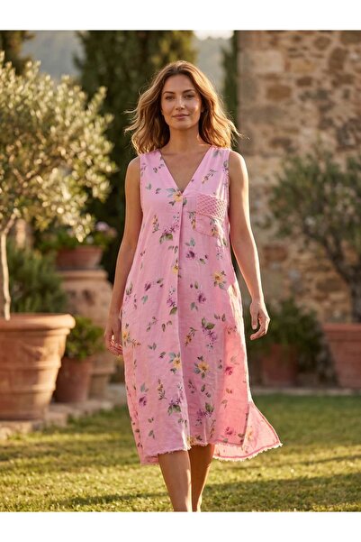 Punta Otantik YG47050 Rochie din in, fără mâneci, cu model floral italian, cu...