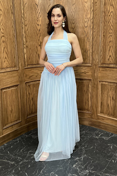 Lafaba Women's Baby Blue Halter Neck Long Tulle Dress