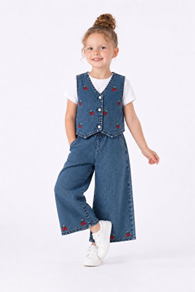 İray Girl's Cherry Embroidered Denim Vest Set 2-5 Years Old 3-Piece Combinati...