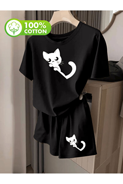 one button Cute Curious Cat Printed Women's Premium Oversize Top and Bottom S...