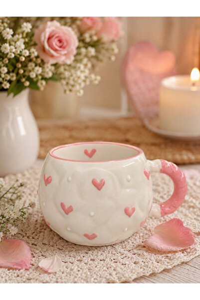Kotium Ceramics Special Embossed Fully Handmade Ceramic Mug with Pink Dots In...