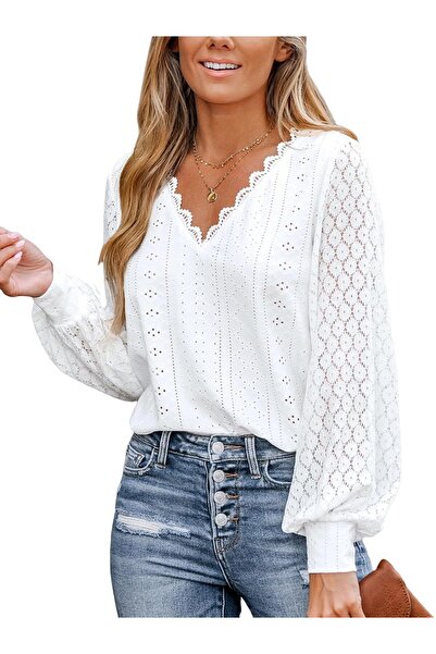 CUPSHE Women Blouse Cutout Scalloped Lace Top Long Lace Sleeves V Neck Banded...