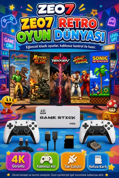 Zeo7 4K Retro Oyun Konsolu 20.000+ Oyun, 64 Hafıza, 2.4G Kablosuz Çift Kol, T...