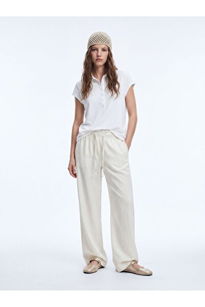 Ltb Polo Collar Buttoned Front Basic White T-Shirt