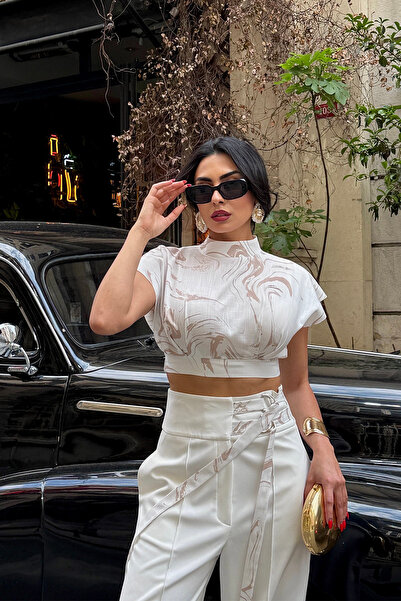 Ortaya Çık Beyaz Desenli Crop Bluz Palazzo Pantolon Takım