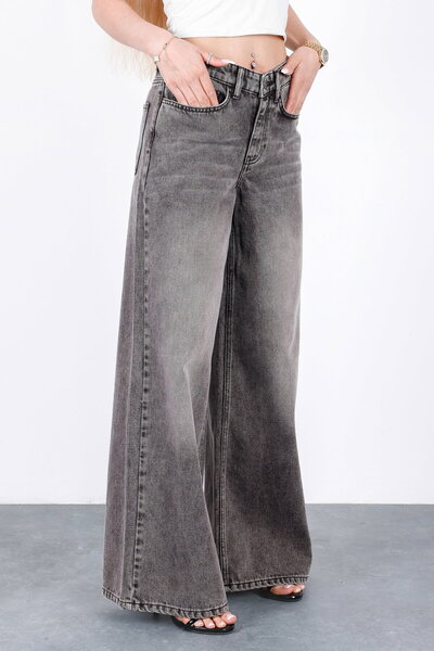 HLT JEANS Gri Kar Kadın Wide Leg Jean %100 Pamuklu Yüksek Bel Palazzo Kot Pan...