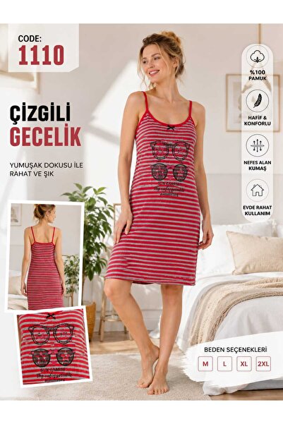 DİAMOND OUTLET BORDO ÇİZGİLİ ASKILI ELBİSE Kadın Pamuklu Rahat Yazlık Gecelik...