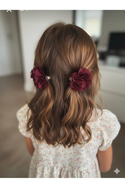 Esram Butik Kız Çocuk Bordo Çiçekli Toka 2 li - Frida Klipsli Çiçek Tokası