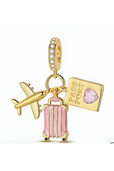 Lux Design 925 Ayar Gümüş Uçak Bavul Pasaport Sallantılı Charm Gold