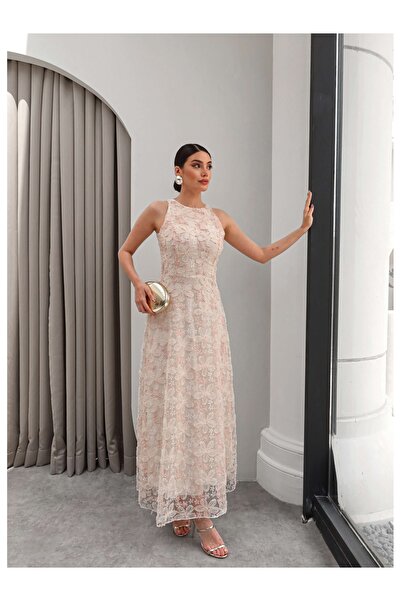 ESRAHELVACI Floral Embroidered Zero-Sleeve Tulle Dress