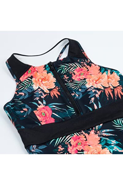 Decathlon Çocuk Y Kesim Sırt Detaylı Mayo - Siyah - Çiçek Desenli - 900 Calysta