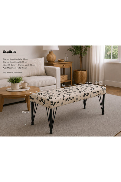 densan aksesuar Metal Ayaklı 80 Cm Desenli Puf & Bench Tekli