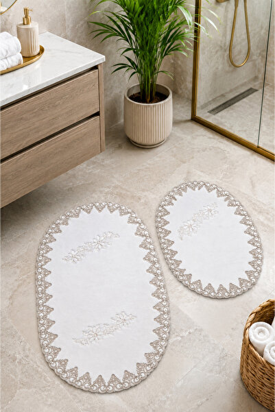 Teksev Gold-Silver 2-Piece French Lace Luxury Bath Mat Non-Slip Dowry Oval Ba...