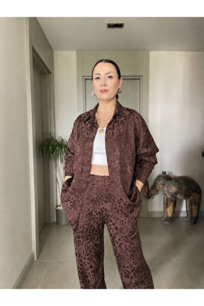 Butik Didem Sakinci Leopard Patterned Satin Shirt Pants Tiril Set
