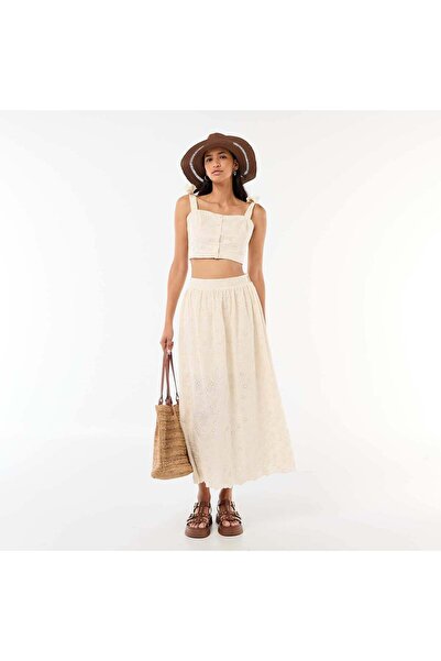 KIABI Long Skirt with Broderie Anglaise BEIGE