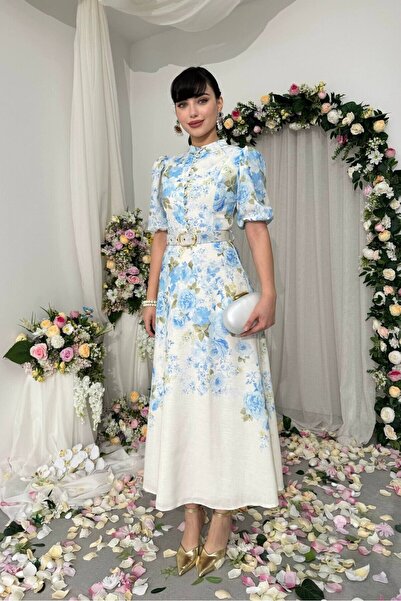 Caddebostan Moda Floral Patterned Belt Detailed Buttoned Balloon Sleeve Midi ...
