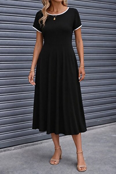 Wear Up Rochie de damă cu mâneci scurte, guler rotund, cu dungi albe, detalia...