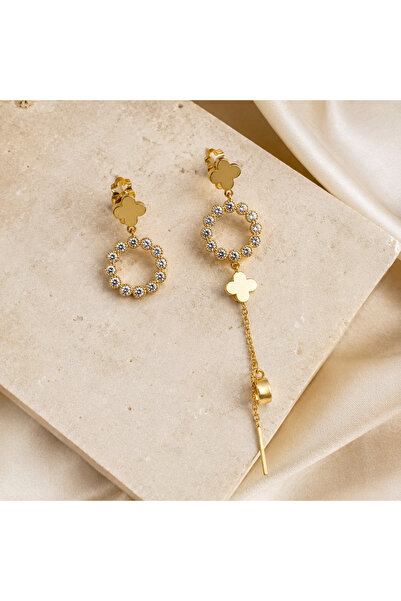OEM Asymmetrical Gold Earrings with Zirconia and Clover Details – Water-Resis...
