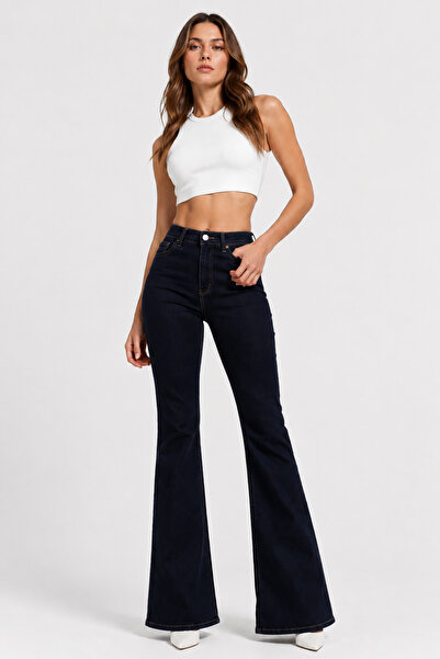 Rose Jeans بنطلون جينز نسائي ذو خصر مرتفع باللون الأزرق الداكن من الليكرا الإ...
