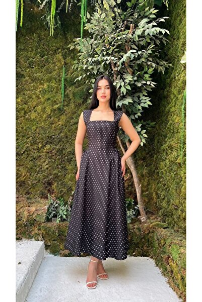 Moda Banuş Thick Straps and Ruffles - Black Polka Dot Dress with Lace-Up Back
