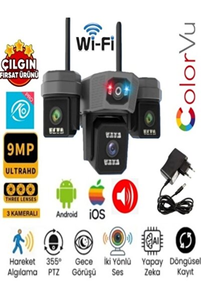 O-KAM OK-204PLUSW (3MP+3MP+3MP) 9MP Wi-fi Çakarlı 3 Kameralı 1 PTZ Akıllı Kamera