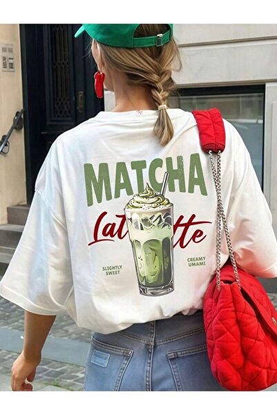 LELVANİ Women's Green Matcha Red Writing Latte Printed T-Shirt