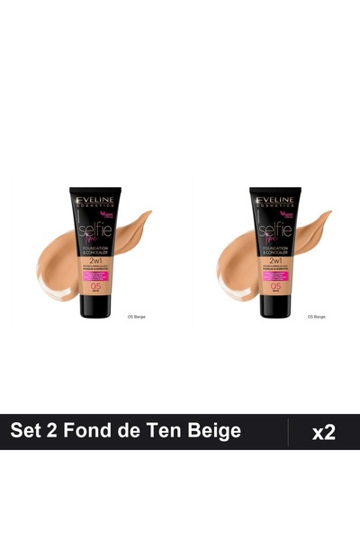 Eveline Set 2 Fonduri de Ten Selfie Time 2in1, Nuanță 05 Beige, 30ml
