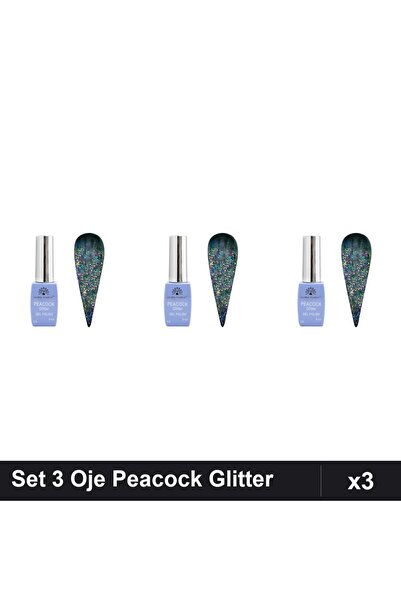 Makeup Set 3 Oje Semipermanente Peacock Glitter 8ml, Nuanta 04, Manichiura UV...