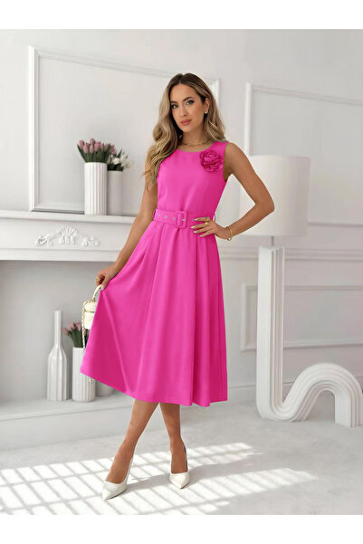 OEM Rochie midi eleganta dama fara maneci cu floare decorativa si curea in ta...