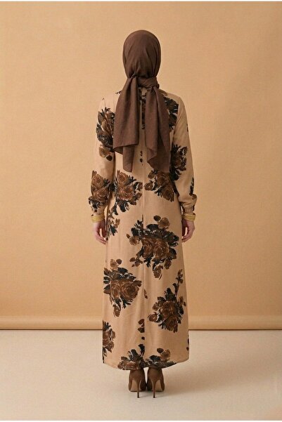 Hürrem Bi̇lge Elbi̇se 1St Class Viscose Fabric Women's Mink Floral Patterned Collar Openable Buttoned Hijab Dress