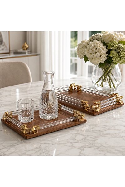 Lavera Luxury serving trays with a modern design combining natural wood and t...