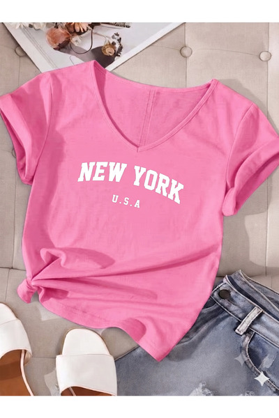 BW Bravely Wear Γυναικείο μπλουζάκι με λαιμόκοψη V NEWYORK USA με στάμπα κανο...