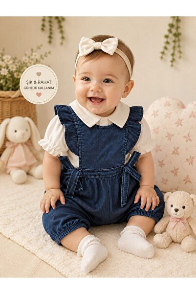Melomio Baby Kids Fırfırlı Kot Kız Tulum Beyaz
