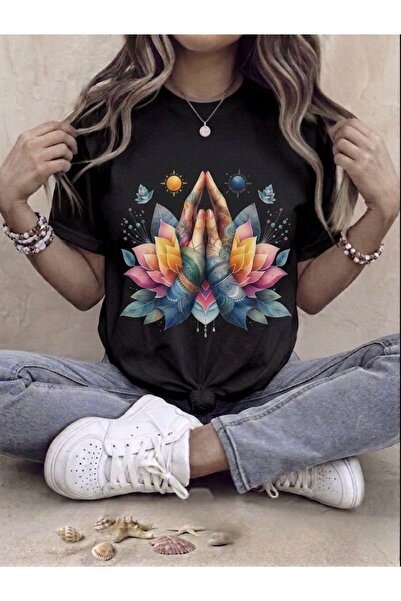 SİBELİZE Lotus and Praying Hand Printed Compact T-Shirt