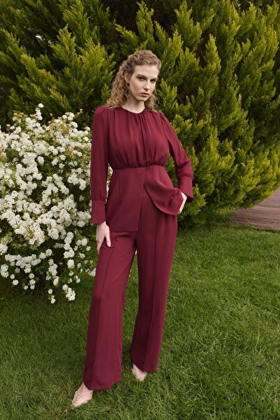 Birgül Bektaş Burgundy Lanthe Chiffon Detailed Trouser Suit