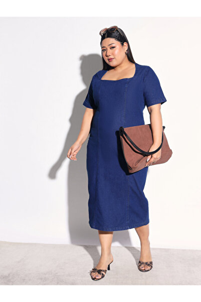 Sassafras By Styli Plus Size Denim Short Sleeves Bodycon Midi Dress