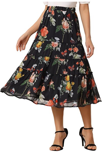 Allegra K Fustă maxi florală de damă, cu talie elastică, cu volane, stil boho...